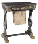 A Chinese export gilt and black lacquer work table, second quarter 19th century, typically decorated