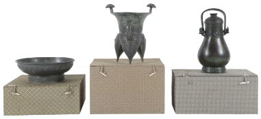 Three Chinese patinated bronze archaistic models of a You, Jia, and Pan, cast to actual scale from