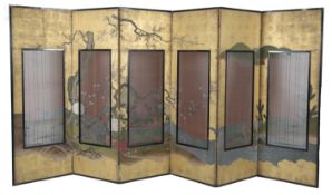 An impressive Japanese six panel painted paper and rattan folding screen, byobu, 19th century,