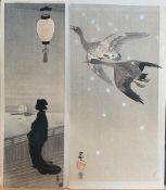Ohara Koson (Japanese, 1877-1945)Lady beneath a lantern, geese in flight, crane in rain, birds on