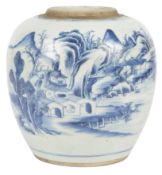 A Chinese blue and white landscape ovoid jar, Kangxi period, painted with pavilions in a mountainous