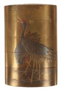 A Japanese lacquer ‘immortal and cranes’ four case inro, Kajikawa School, 19th century, decorated in
