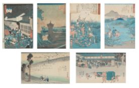Utagawa Hiroshige I, II and Utagawa Hirokage Figures in landscapessix woodblock prints,