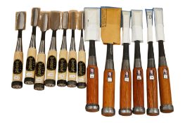 Two sets of Japanese bevel edge chisels and mortise chisels; a set of seven chisels and a set of six