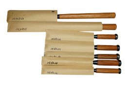 Seven large Japanese wood framer’s bevel edge chisels, largest blade 2.5 inches wide