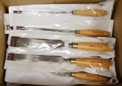 Two sets of Robert Sorby individually packed woodworking gouges and long bevel edge chisels; a set o