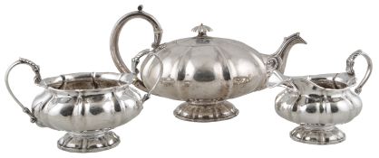 A William IV Irish silver melon shaped three piece tea set, by Richard Sawyer