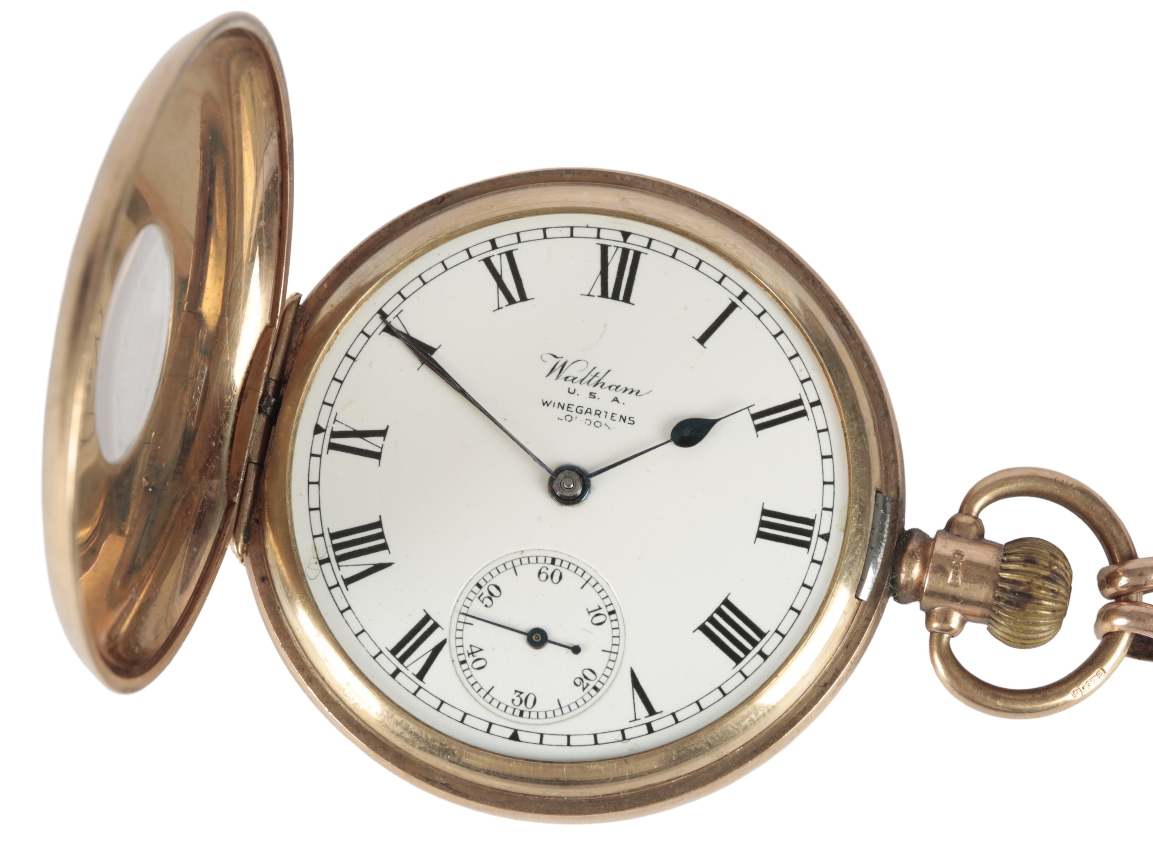 A George V 9ct gold Waltham half hunter keyless pocket watch, together ...