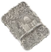 A Victorian silver castle top card case, by Nathaniel Mills