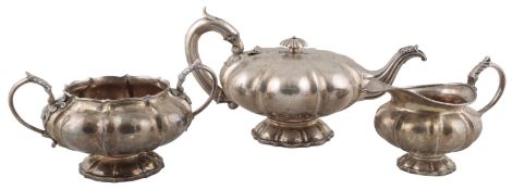 A William IV Irish silver melon shaped three piece tea set, by Patrick Loughlin