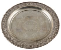 A late 19th century Chinese export white metal presentation plate, engraved 'WAHM (William Moule) Te
