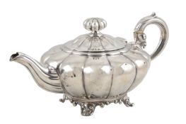 A William IV silver melon shaped teapot, by The Barnards