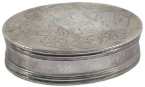A late Charles II silver oval tobacco box, maker's mark only to base and cover, RI with pellet below