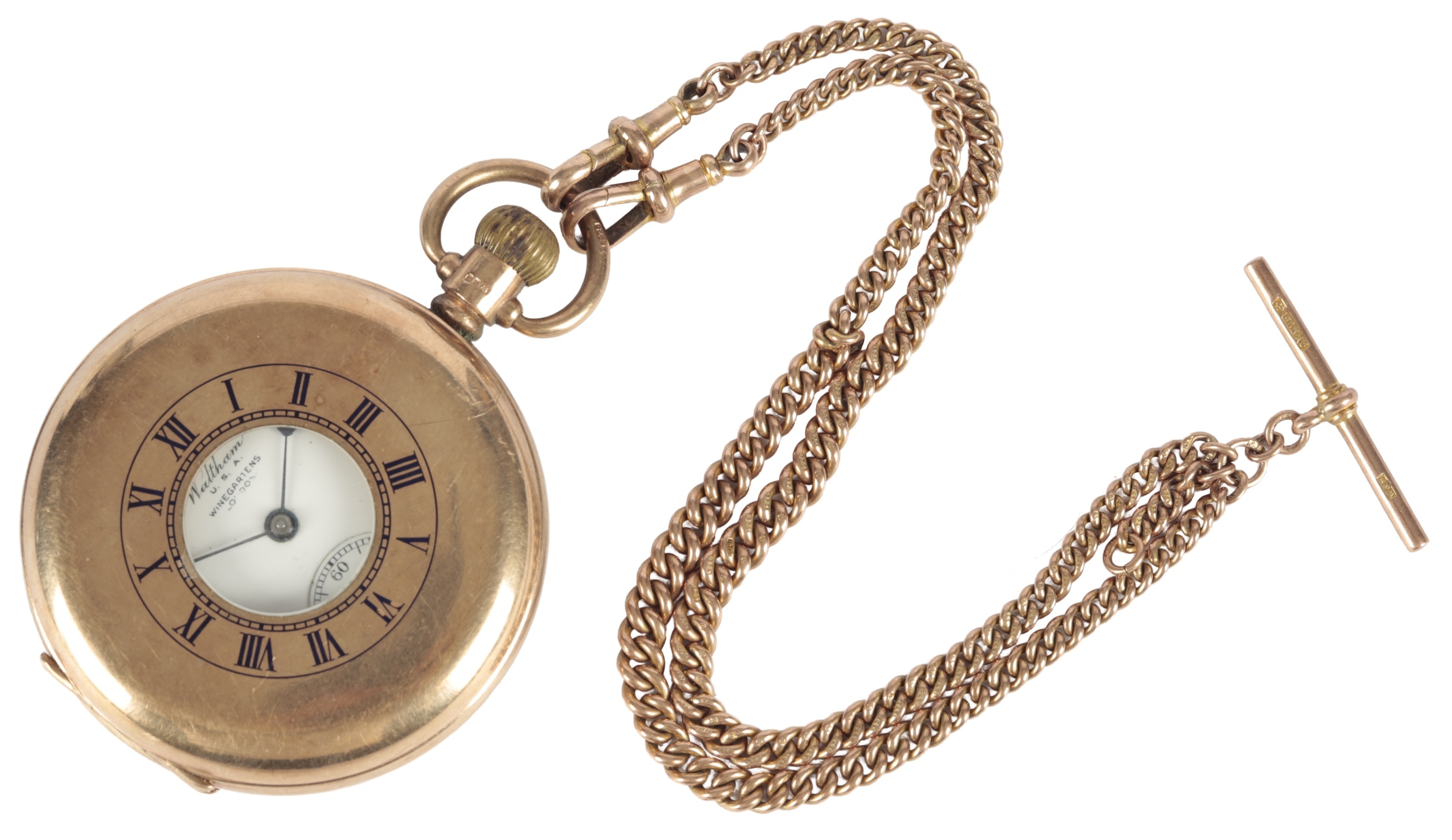 A George V 9ct gold Waltham half hunter keyless pocket watch, together ...