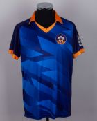 Tayab Tahir a blue and orange No.77 Central Punjab short-sleeved cricket shirt, 2022-23