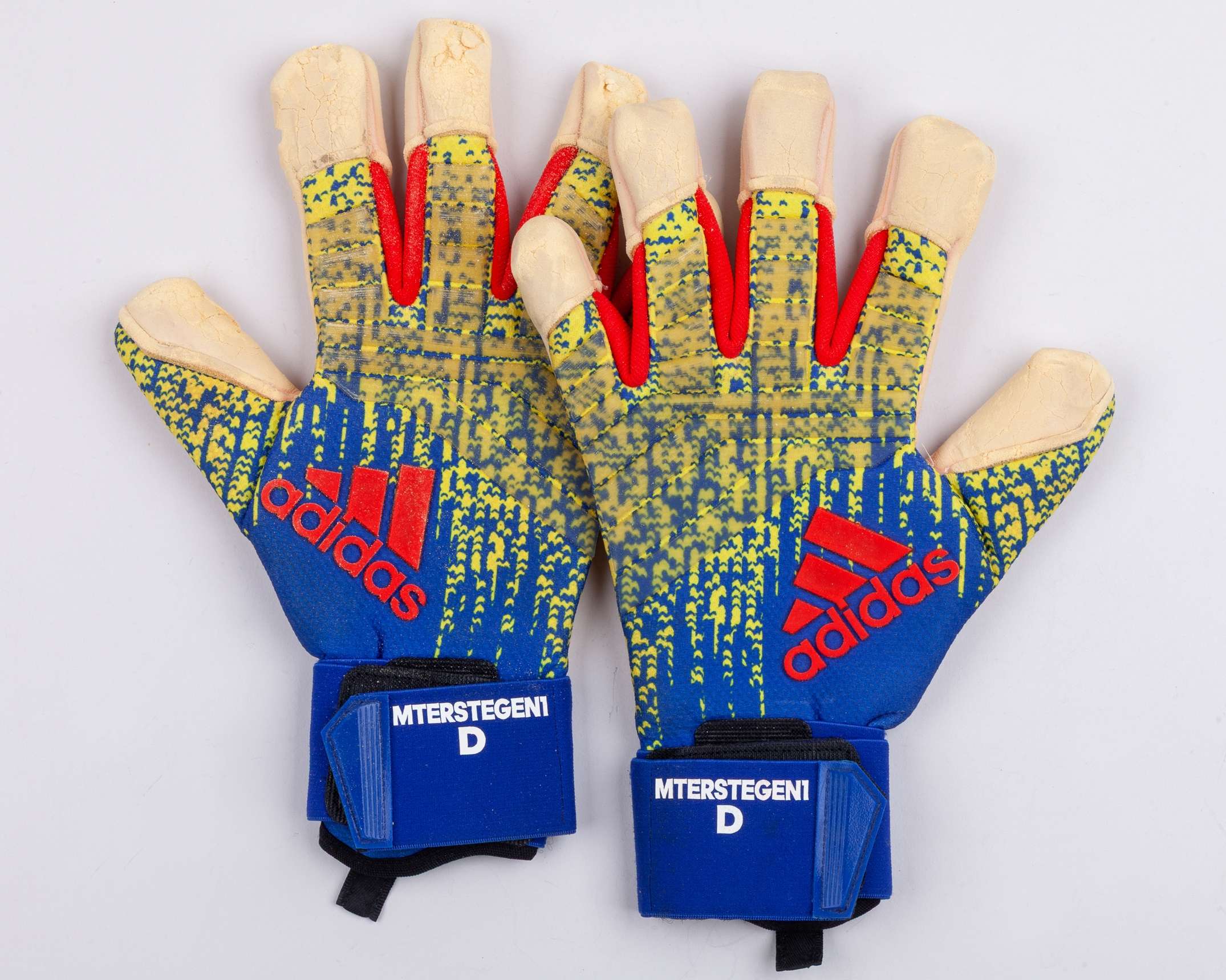 Marc-Andre Ter Stegen blue, yellow and red Adidas match worn goalkeeper gloves, March 2019