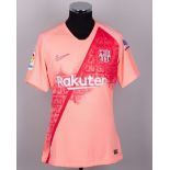 Lionel Messi pink issued No.10 Barcelona short-sleeved shirt, 2018-19 third