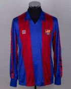 Enrique Castro Quini garnet and blue No.9 Barcelona match worn long-sleeved shirt, 1984