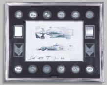 Mercedes 2017 Signed Technical Drawing, Medals & Car Part Framed Display