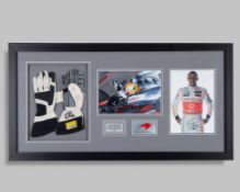 Lewis Hamilton 2008 McLaren Signed Race Used Framed Gloves With Signed Photo