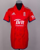 Ravi Bopara red No.42 autographed short-sleeved ODI cricket shirt, 2013