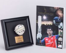 Shane Warne and Muttiah Muralitharan autographed Kookaburra cricket ball display