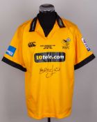 Lawrence Dallaglio yellow No.8 Wasps v. Bath match spare Final autographed shirt, 2004