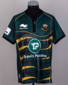 Green and black autographed Northampton Saints replica short-sleeved rugby shirt, 2012-13