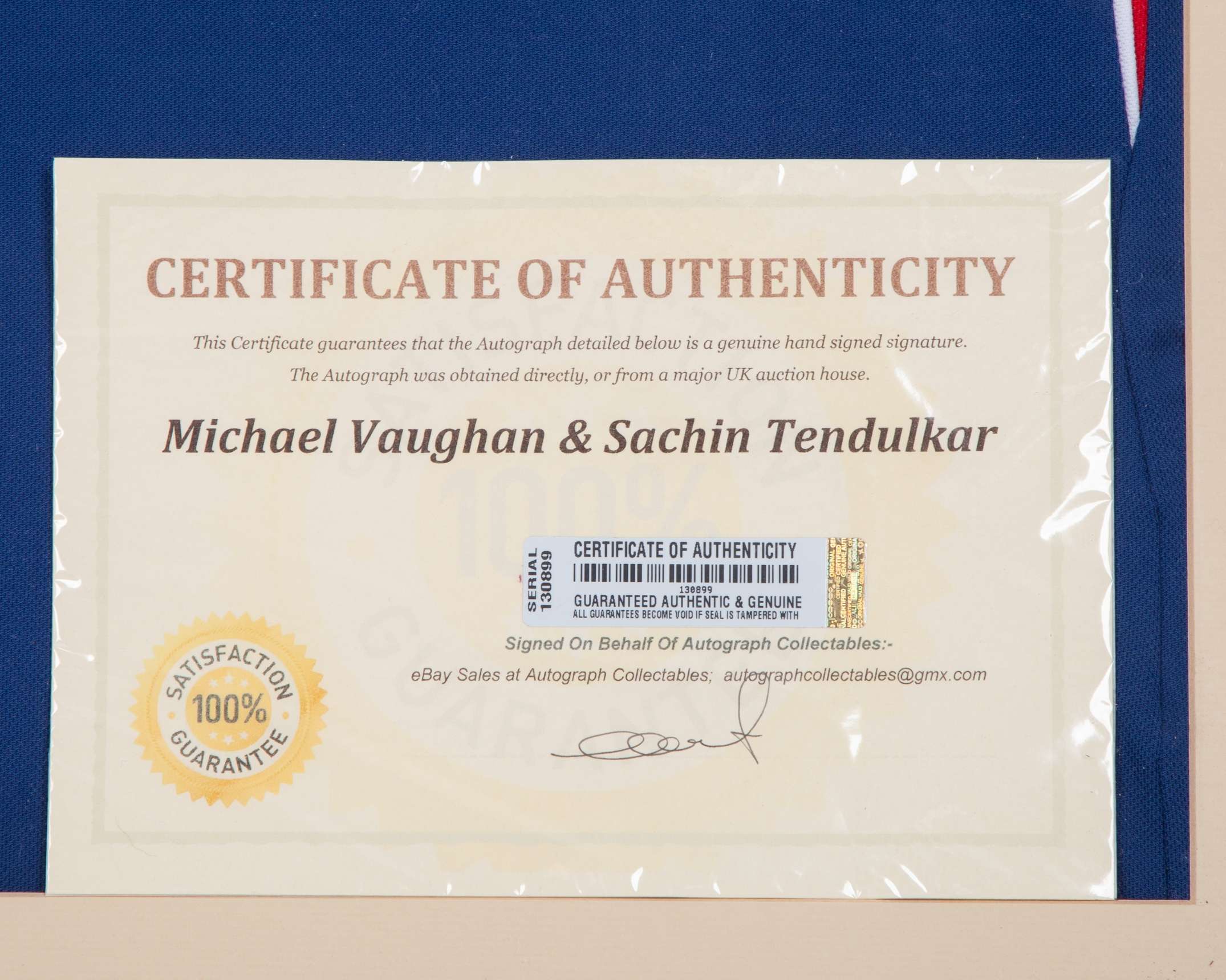 Sachin Tendulkar and Michael Vaughan autographed blue and red England cricket replica shirt - Image 5 of 5