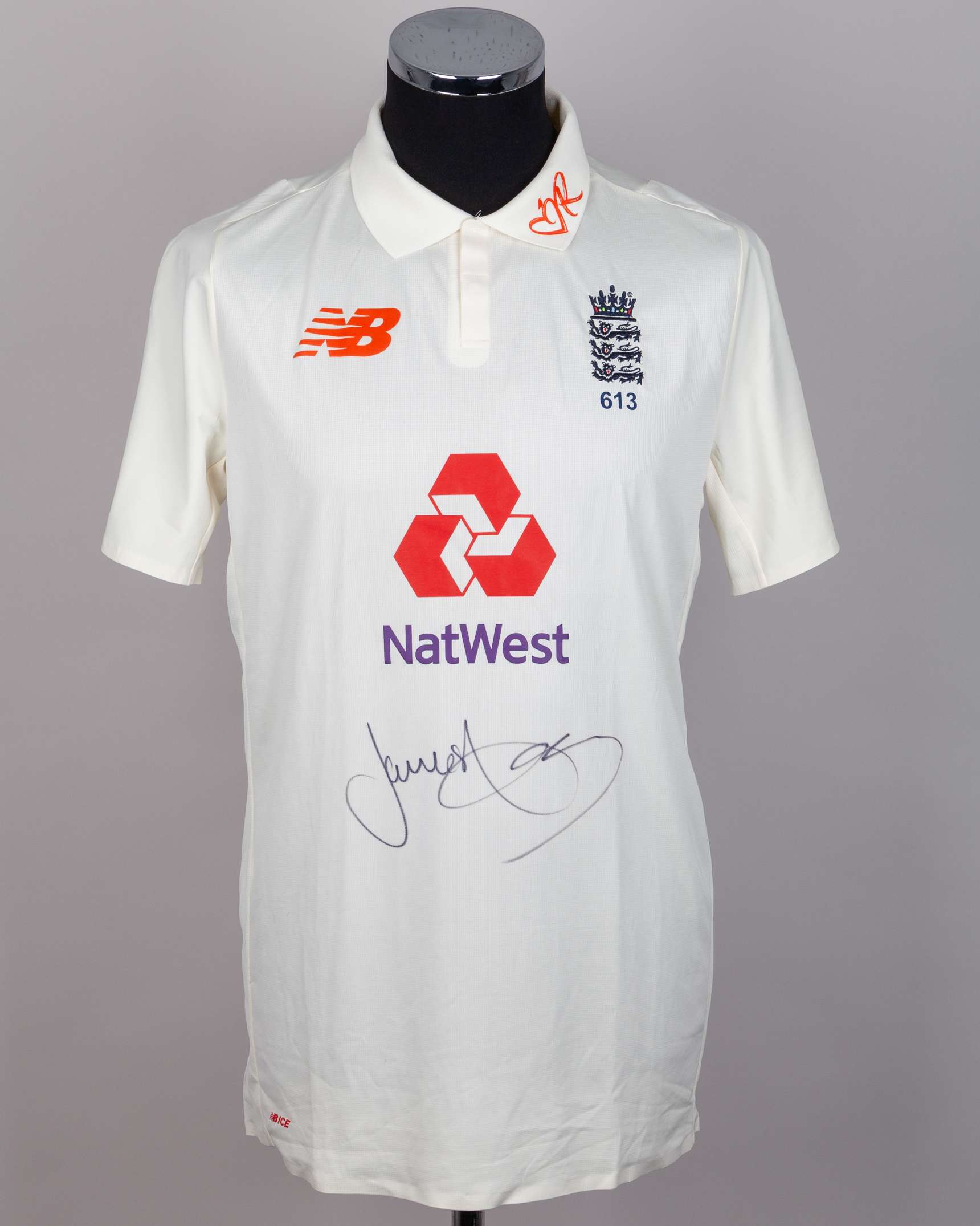 James Anderson off-white No.9 England v. West Indies autographed Red For Ruth shirt, 2020
