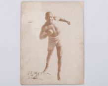 A sepia-toned photograph of boxer Jack Johnson
