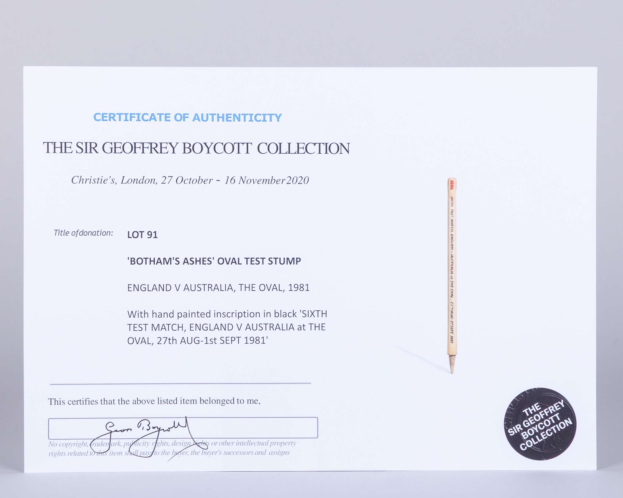 Botham's Ashes Oval Test Stump, England v Australia The Oval, 1981 - Image 8 of 8