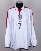 David Beckham white No.7 England v. Portugal match issued long-sleeved shirt, 2004