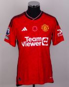 Rasmus Hojlund red No.11 Manchester United v. Fulham autographed short-sleeved shirt, 2023