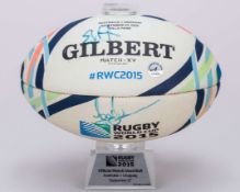 Autographed white Gilbert Australia v. Uruguay rugby World Cup official match ball, 2015