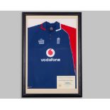 Sachin Tendulkar and Michael Vaughan autographed blue and red England cricket replica shirt