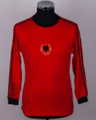 Petro Ruci red and black No.2 Albania v. Northern Ireland long-sleeved shirt, 1983