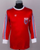 Romain Michaux red No.7 Luxembourg v. England match worn long-sleeved shirt, 1977