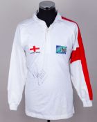 Mike Tindall autographed white and red England Rugby Union replica long-sleeved shirt