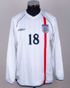 Andy Cole white and red No.18 England v. Albania long-sleeved shirt, 2001
