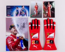 Sebastian Vettel Signed Ferrari Unofficial Replica Gloves, Signed A4 Photo & Driver Card