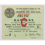 A rare Celtic v. Rangers Glasgow Cup ticket stub, 29th September 1931