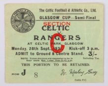 A rare Celtic v. Rangers Glasgow Cup ticket stub, 29th September 1931
