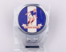 A chrome Glasgow Rangers car badge