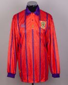 Dave Bowman salmon pink and purple No.8 Scotland v. Germany long-sleeved shirt, 1993