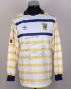 Allan McInally white, blue and yellow No.16 Scotland long-sleeved shirt, 1990