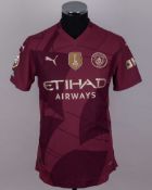 Oscar Bobb maroon No.52 Manchester City short-sleeved shirt, 2024-25