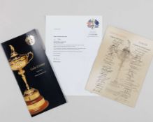 John O'Leary a 2004 Ryder Cup autographed Welcome Dinner menu