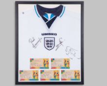 Paul Gascoigne autographed white England shirt and six Euros 1996 tickets display