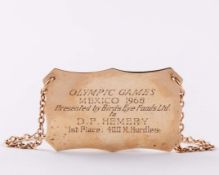 David Hemery 9ct gold decanter tag inscribed OLYMPIC GAMES MEXICO 1968